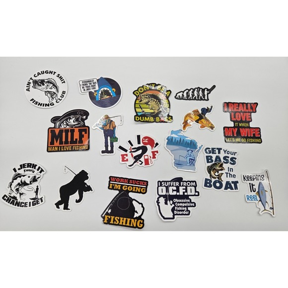 Funny Fishing Stickers Pack 15pcs Waterproof Vinyl Decals laptop car water btls - Picture 3 of 7